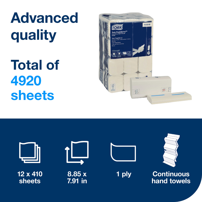 Tork Advanced PeakServe® Continuous Hand Towel, White, 1 Ply, 410 Sheets/Pack