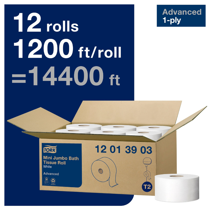 Tork® Advanced Mini Jumbo Bath Tissue Roll, 1-Ply, White, 1200'/Roll, 12 Rolls/Case