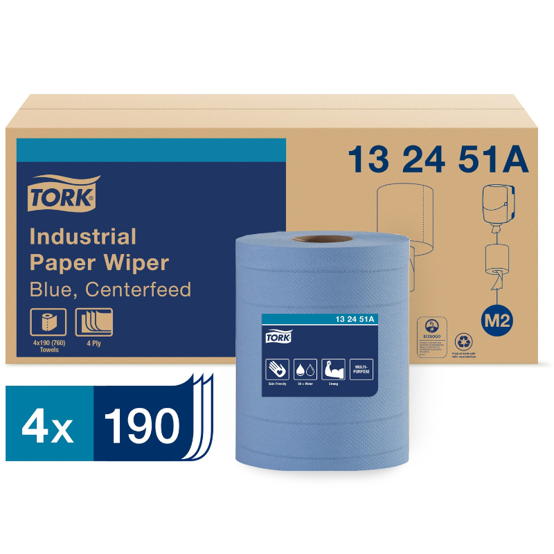 Tork® Industrial Centrefeed Advanced Paper Wiper, 4-Ply, Blue, 190 Sheets/Roll, 4 Rolls/Case