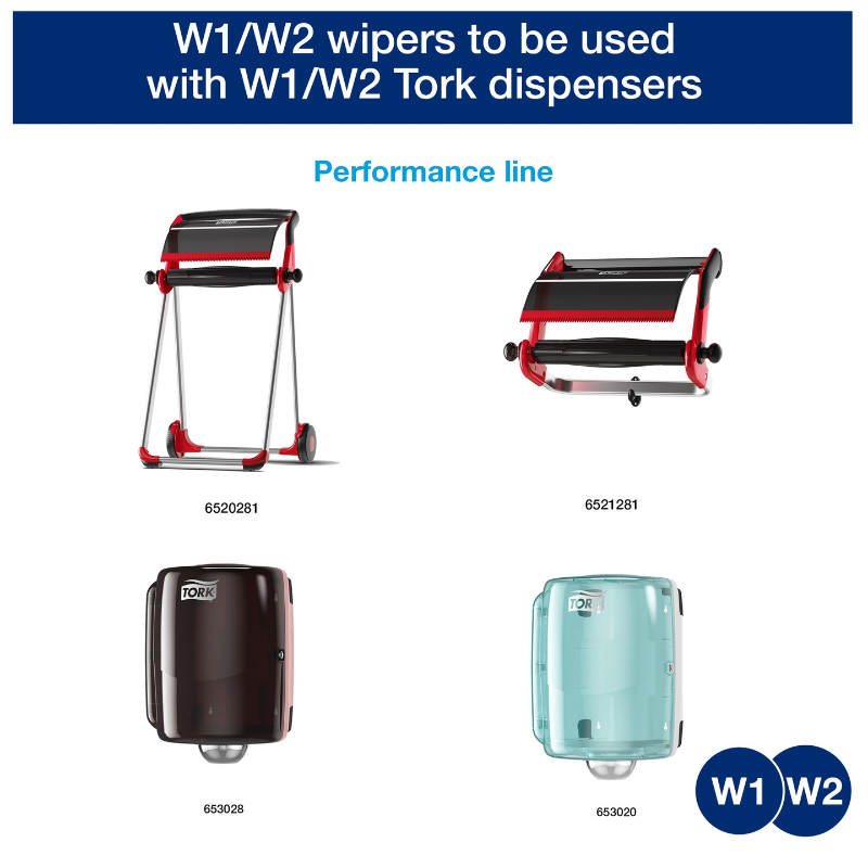 Tork® Advanced Industrial Paper Wiper, Centrefeed, 4-Ply, Blue, 375 Wipers/Roll, 2 Rolls/Case