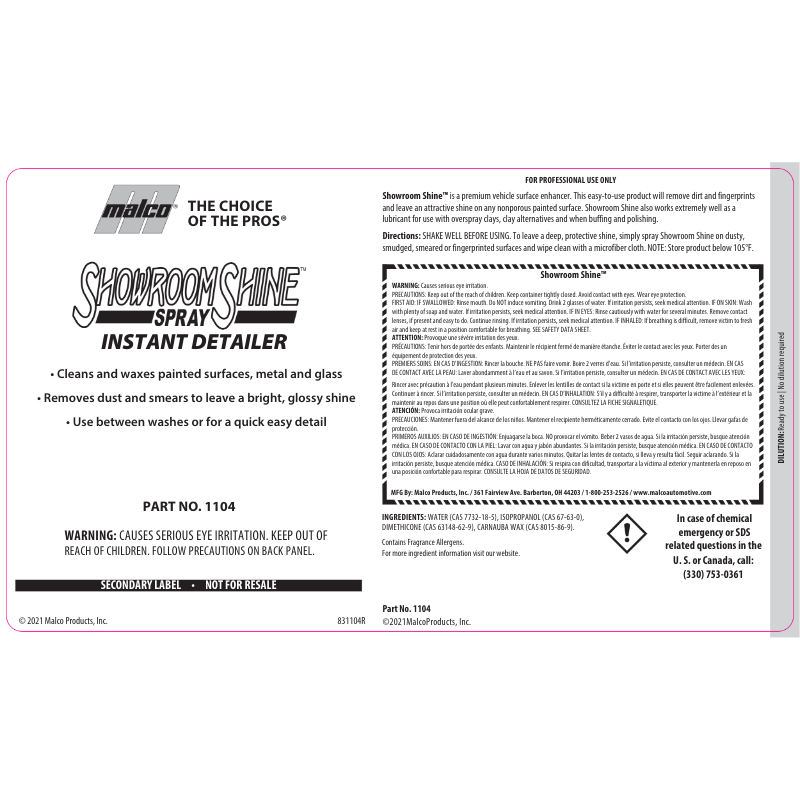 Label; Showroom Shine Spray Wax GHS